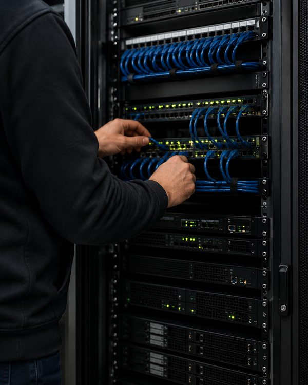 KI-generiertes Bild: Techniker verkabelt einen Serverschrank