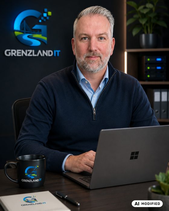 Sven Schulze, Inhaber von Grenzland IT, an seinem Schreibtisch (Foto mit KI bearbeitet)